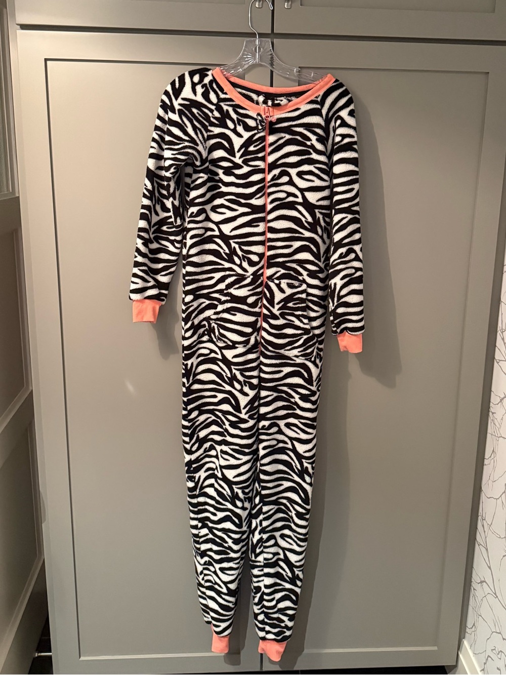 Love to Lounge black and white zebra print onesie with pink trim - Size Small